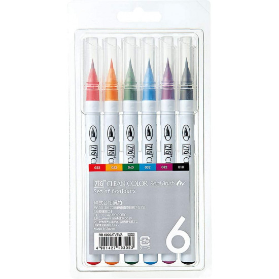 ZIG Clean Color Real Brush Pen, 6 színű készlet, valódi ecset hegy (RB-6000/6V)