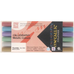 Kuretake ZIG Calligraphy Metallic Colours, metszett hegyű, kétvégű ecsettoll, fémes, 6 színű készlet (MS-8400/6V)