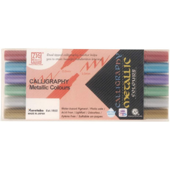 Kuretake ZIG Calligraphy Metallic Colours, metszett hegyű, kétvégű ecsettoll, fémes, 6 színű készlet (MS-8400/6V)